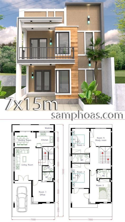 4 Bedroom Home Design Plan 7.5x9m - SamPhoas Plansearch Two Story House Design, 5 Bedroom House Plans, Casa Country, Two Story House, Duplex House Plans, Simple House Design, House Construction Plan, Model House Plan, House Layout Plans