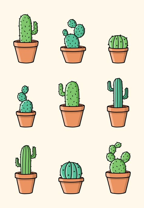 Cactus In Pot Drawing, Cute Cacti Drawing, Plants Cartoon Drawing, Cute Cactus Drawing Kawaii, Tiny Stickers To Print, Cactus Illustration Cute, Potted Cactus Tattoo, Plant Pot Illustration, Plant Cartoon Drawing