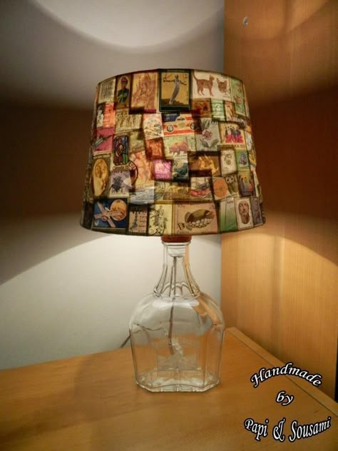 Lamp Shade Aesthetic, Unique Bedroom Lighting, Crafts On A Budget, Collage Lampshade, Aesthetic Lamp Shade, Stamp Lamp, Diy Retro Decor, Collage Furniture, Lamp Shade Diy