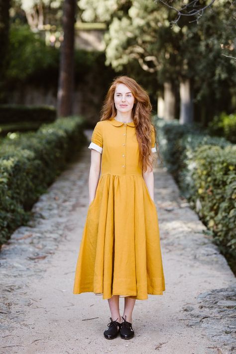 Classic Linen Dress, Mustard Colored Dress, Mustard Yellow Dresses, Minimalist Dress, Peter Pan Collar Dress, Linen Shirt Dress, Dress Linen, Full Circle Skirts, Dress Short Sleeve