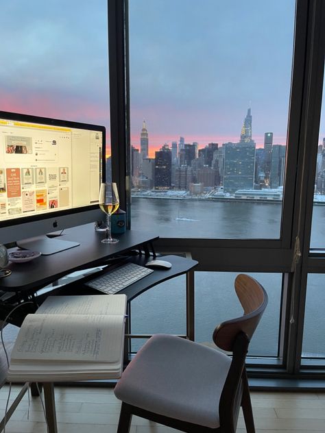 Amazing New York City views from my home office space Office In New York Aesthetic, Nyc Home Office, Working In Nyc Aesthetic, Nyc Office Aesthetic, Working Office Aesthetic, Building A Business Aesthetic, New York Office Aesthetic, Nyc Penthouse Apartment, Office With View