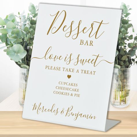 Wedding Dessert Bar, Bridal Shower Desserts Table, Dessert Display Wedding, Gold Reception, Favors Table, Dessert Table Sign, Bridal Shower Desserts, Modern Chic Wedding, Table Pedestal