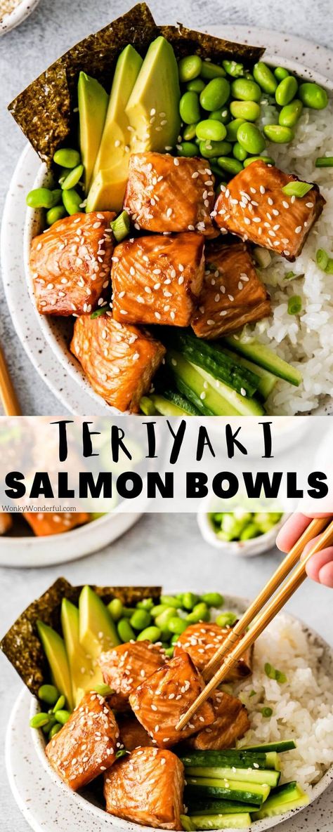 Teriyaki Salmon Avocado Rice Stack, Teriyaki Salmon Rice Bowl, Salmon Teriyaki Bowl, Salmon Avocado Cucumber, Teriyaki Salmon Bowl, Sushi House, Gut Recipes, Salmon Bowls, Salmon Rice Bowl