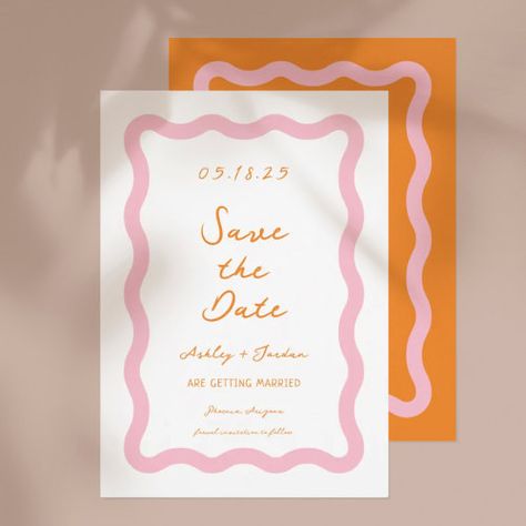 Pink And Orange Wedding Stationary, Squiggle Invite, Pink Orange Invitation, Wavy Wedding Invitations, Pink Orange Wedding Theme, Wedding Invitations Retro, Pink And Orange Wedding Invitations, Wedding Invitations Colorful, Wavy Invitation