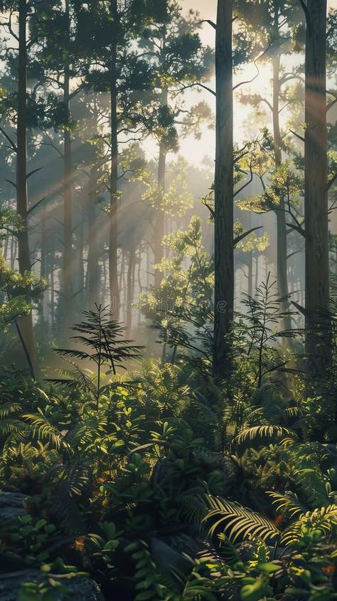 Sunlight streaming through dense forest during golden hour, lush green foliage. Tranquility and nature concept stock photos Pine Forest Aesthetic, Chinese Nature, Background Practice, Atmosphere Aesthetic, Concept Advertisement, Forest Images, Deciduous Forest, Forest Clearing, Japanese Forest