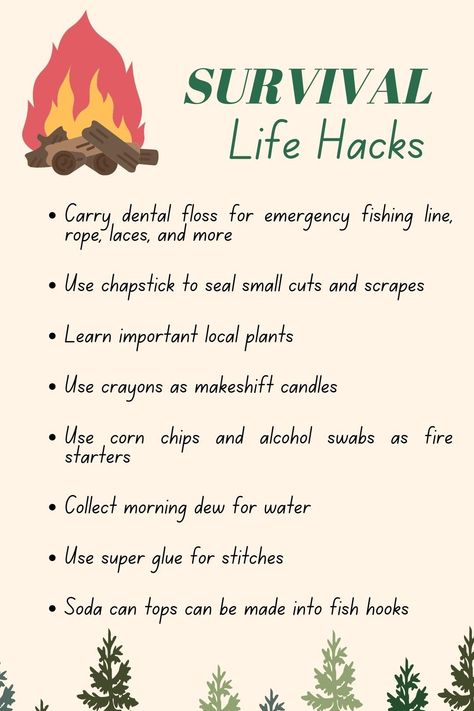 survival life hacks nature camping zombie apocalypse pandemic surviving in the wild hiking trip Zombie Apocalypse Life Hacks, How To Prepare For Zombie Apocalypse, Zombie Apocalypse Survival Tips Life Hacks, Survive In The Wild, Survival In The Wild, Apocalypse Tips Survival Hacks, Surviving The Apocalypse, Zombie Apocalypse Preparation, How To Survive The Apocalypse