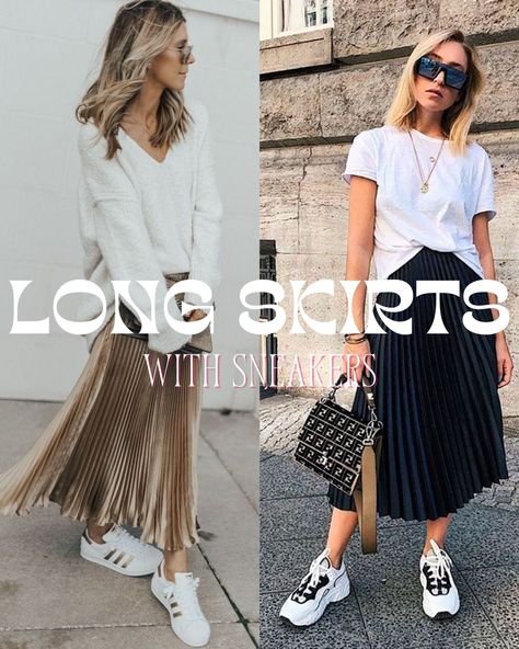 17 Examples Of How To Wear A Pleated Skirt With Sneakers - ljanestyle Patterned Pleated Skirt Outfit, Skirts With Tennis Shoes Outfits, Midi Skirt Tennis Shoes Outfit, Outfits With Skirts And Sneakers, Pleated Skirt With Sneakers Outfit, Pleated Skirt Sneakers Outfit, Skirt With High Top Sneakers, How To Style Pleated Midi Skirt, How To Wear Long Pleated Skirt