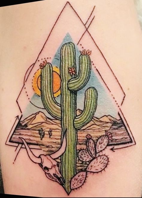 Cactus With Mountains Tattoo, Grand Canyon Tattoo, Arizona Tattoo Ideas, Western Tats, Az Tattoo, Dessert Tattoo, Ohio Tattoo, Desert Tattoo, Arizona Tattoo