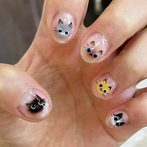 #Nailinspiration #cute #cat Blue Cat Nails, Animals On Nails, Short Nails Cute Design, Calico Cat Nails, Nail Ideas Cat, Cat Nail Designs Cute, Cat On Nails, Cute Nails Design Ideas, Cat Themed Nails