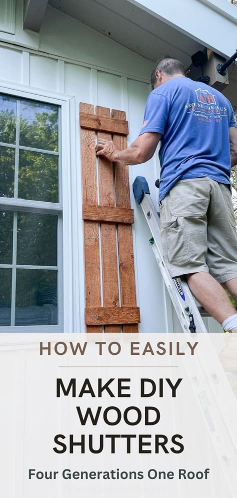 how to make wood shutters for the exterior of your home Homemade Shutters, Wooden Shutters Exterior, Pallet Shutters, Diy Wood Shutters, Wood Shutters Exterior, Increase Curb Appeal, Farmhouse Shutters, Outdoor Shutters, Window Shutters Exterior