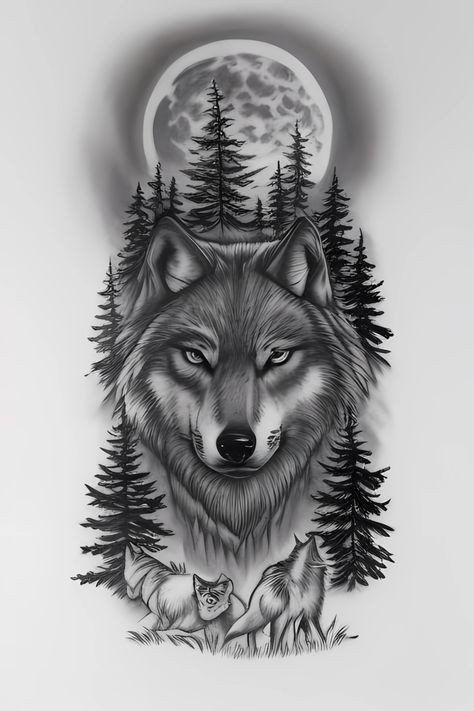 wolf tattoo Animals Of Strength Tattoo, Wolf Tattoo Design Men Thigh, Wolf And Skull Tattoo Design, Wolf Drawing Tattoo Ideas, Wolf Tattoo Stencil Design, Wolf Moon Tattoo Design, Tattoo Designs Nature, Wolf Tattoo Design Men Arm, Nature Armband Tattoo Design