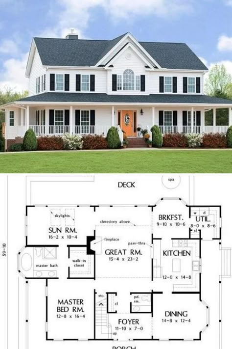 2000sqft House Plans, House Plans 2 Story, Farmhouse Layout, Unique House Plans, Little House Plans, Farmhouse Floor Plans, Porch House Plans, Two Story House Plans, Two Story House