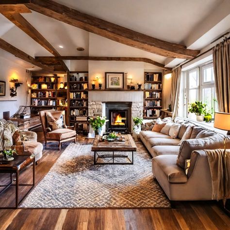 English Farmhouse Living Room, Cottage Homes Interior, Big Living Room Decor, English Cottage Living Room, Salons Cottage, Cottage Core Living Room, Large Living Room Layout, Big Fireplace, Cottage House Interior