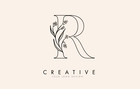 Black Outline R letter logo design with black flowers vector illustration. Letter R Calligraphy, Clothing Brand Design Ideas, R Logo Design, R Letter Logo, Letter R Tattoo, Clothing Brand Design, Rr Logo, Roots Logo, Brand Design Ideas