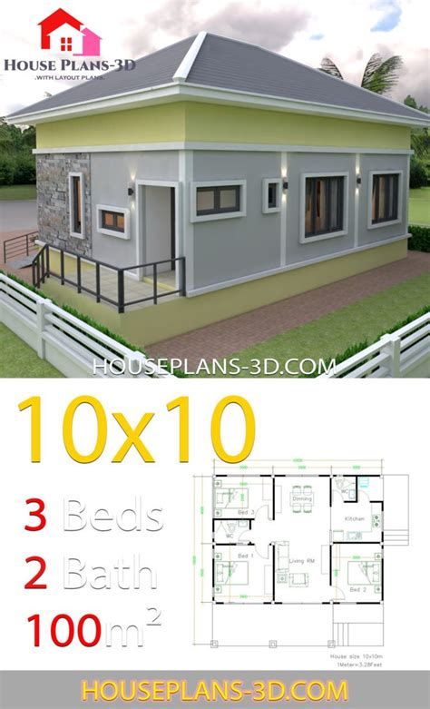 House Design 10x10 With 3 Bedrooms Hip Roof - House Plans Hip Roof House Plans, Rooftop House, Modern Roof Design, Hip Roof Design, Gable Roof House, House Plans 3d, Flat Roof House, Bungalow Floor Plans, Bungalow Style House Plans