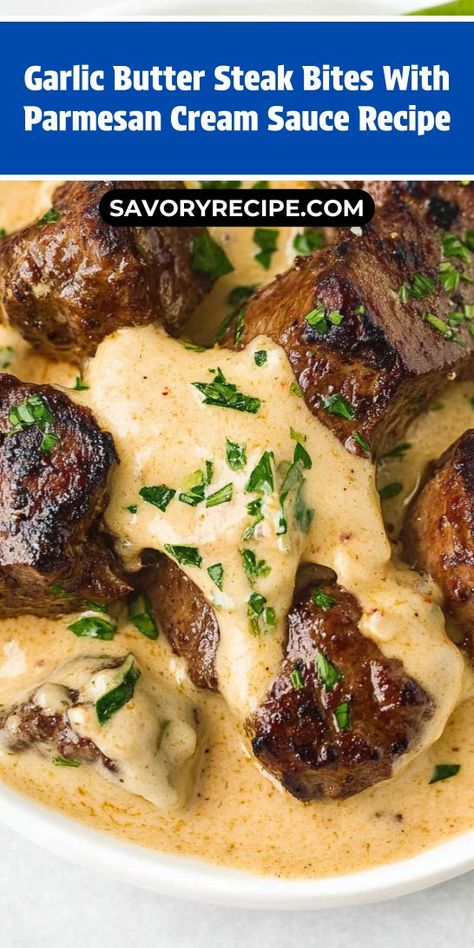 Want to make your steak dinner unforgettable? The Garlic Butter Steak Bites with Parmesan Cream Sauce are a delicious twist that will leave everyone wanting more! Perfectly seasoned and oh-so-satisfying, this dish is a must-try. Pin it now for your next incredible steak dinner idea! Steak Bites Over Mashed Potatoes, Garlic Cream Sauce For Steak, Steak With Garlic Cream Sauce, Sauce For Steak Bites, Garlic Butter Steak Bites With Parmesan, Garlic Butter Sauce For Steak, Garlic Butter For Steak, Garlic Butter Steak Sauce, Butter Sauce For Steak