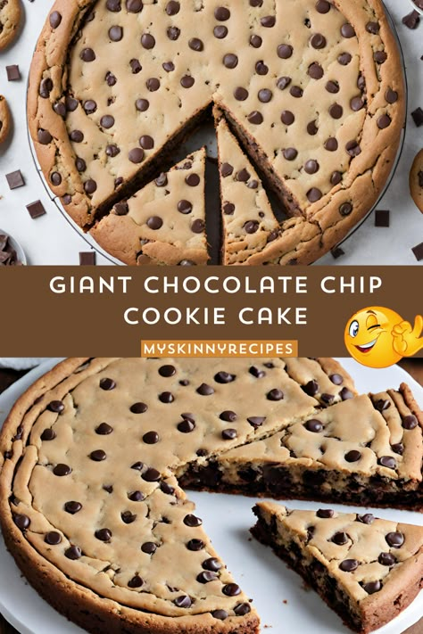 Giant Chocolate Chip Cookie Cake: 🍪 Indulge in a mouthwatering twist on the classic cookie! Cream butter, sugars, eggs, and vanilla, fold in flour, baking soda, salt, and chocolate chips, then press into a pan and bake until golden. Decorate as desired for a show-stopping dessert that's perfect for any celebration. Pin it now for your next baking adventure! 📌 #Giant Chocolate Chip Cookie Cake #myskinnyrecipes Christmas Cookie Cake Decorating Ideas, Big Cookie Cake, Large Cookie Cake, Large Chocolate Chip Cookies, Chocolate Chip Cookies Cake, Giant Cookie Recipe, Jumbo Cookies, Giant Cookie Cake, Big Chocolate Chip Cookies