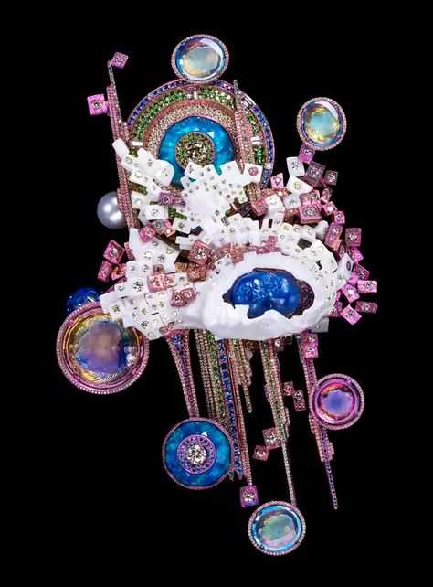 MIND PUZZLE, 2019: Brooch with Yellow Diamond, Lapis Lazuli, Amethyst, Opal, Diamond, Blue Topaz, Ametrine, Pearl, Sapphire, Tsavorite Garnet, The Wallace Chan Porcelain and Titanium Wallace Chan Jewelry, Wallace Chan, Mind Puzzles, Tsavorite Garnet, High Jewellery, Beautiful Objects, Colored Gems, Tutti Frutti, Designer Jewellery