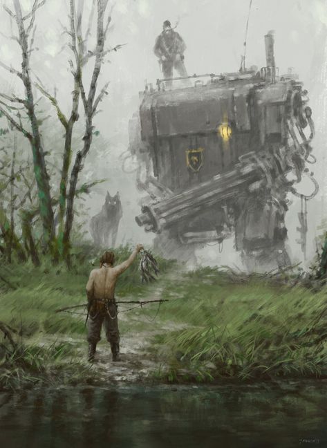 ArtStation - 1920 - fisherman, Jakub Rozalski Jakub Rozalski, Dystopian Art, Apocalypse Aesthetic, Post Apocalyptic Art, Apocalypse Art, The Longest Journey, Arte Cyberpunk, Post Apocalypse, Arte Inspo