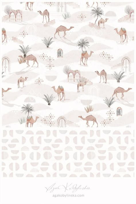 Moroccan Desert - a surface pattern design collection, hand illustrated with watercolor by Aga Kobylinska, featuring camels, palms and sand dunes. Prints available on bedding sets and wallpapers of Matuu brand. (matuu.eu) Boho nursery ideas, neutral tones, nursery decor, nursery ideas neutral, unisex textile design, modern boho. Modern Boho Wallpaper, Camel Wallpaper, Boho Nursery Ideas, Nursery Ideas Neutral, Camels Illustration, Desert Pattern, Kids Branding Design, Moroccan Desert, Dragonfly Artwork