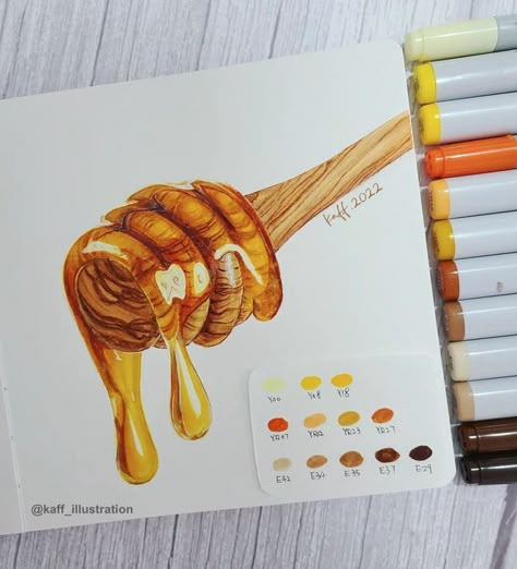 Food Art / Artist / Artwork / Drawing / Copic Alcohol Markers / Copics / Honey Art Alcohol Marker Art Tutorial, Alcohol Marker Painting, Marker Aesthetic Art, Drawings With Copic Markers, Alcohol Based Markers Art Ideas, Alcohol Marker Drawings Realistic, Copic Marker Art Illustrations, Water Marker Art, Alcohol Pen Art