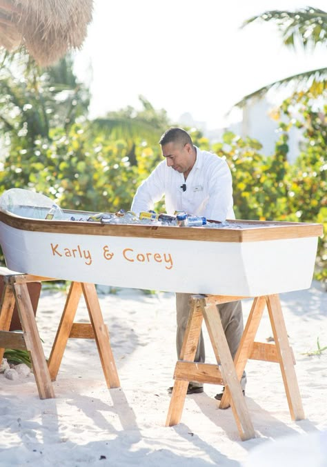 Destination wedding in Mexico, Cocktail hour on the beach with beers in a boat. Beach Wedding Cocktails, Beach Wedding Ceremony Flowers, Boutique Anniversary Ideas, Outdoor Wedding Ideas Beach, Centerpieces Wedding Beach, Beach Wedding Set Up, Beach Cocktail Hour, Beer Canoe, Mexico Beach Weddings