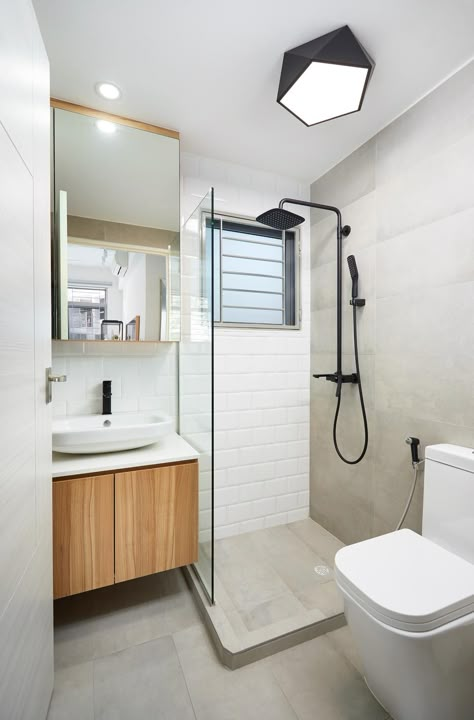 Check out this Scandinavian-style HDB Bathroom and other similar styles on Qanvast. Minimalist Small Bathrooms, Wc Decoration, Small Space Bathroom Design, Toilet And Bathroom Design, Bathroom Design Small Modern, Bilik Air, Minimalist Bathroom Design, Small Bathroom Layout, Desain Pantry