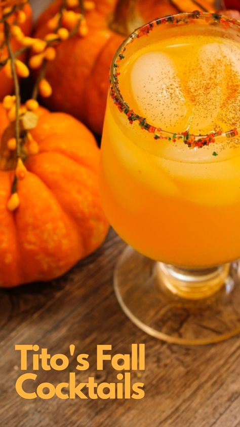 Tito’s Fall Cocktails Fall Cocktail Large Batch, Fall Vodka Punch Recipes, Tito’s Fall Drinks, Easy Tito’s Cocktails, Autumn Vodka Cocktails, Tito’s Cocktails, Fall Vodka Drinks Easy, Orangecello Cocktails, Thanksgiving Themed Cocktails