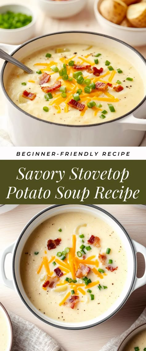 Image for Savory Stovetop Potato Soup Recipe Mashed Potatoes Into Soup, Healthy Heavy Cream Recipes, Things To Do With Heavy Cream, Easy Gluten Free Potato Soup, Potato Soup No Meat, Cream Of Potatoes Soup Recipes, Soups With Heavy Whipping Cream, Best Potato Soup Recipes Ever, White Bean And Potato Soup