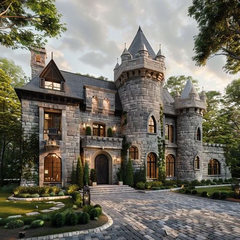 Castle Style Homes Modern, Castle Like Homes, Castle Style House, Modern Castle House, Castle Style Homes, Cottage Castle, Castle Houses, Turret House, Castle Homes