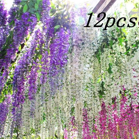 Aliexpress Wedding, Artificial Flowers Outdoors, 18th Party Ideas, Music Festival Wedding, Floral Ceiling, Plants For Home Decor, Wisteria Vine, Artificial Hanging Plants, Back Drops