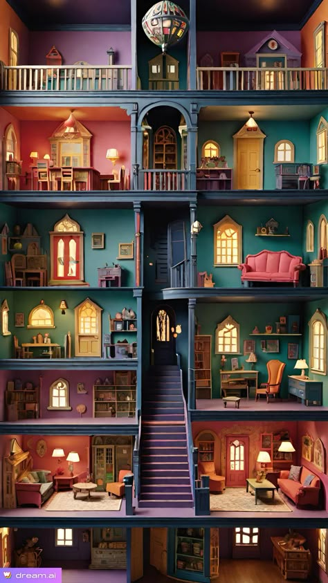 Doll House Architecture, Dollhouse Apartment Building, Wes Anderson Dollhouse, Dollhouse Design Ideas, Doll House Colors, 1:12 Dollhouse, Victorian Dollhouse Interior, Dollhouse Details, Colorful Dollhouse