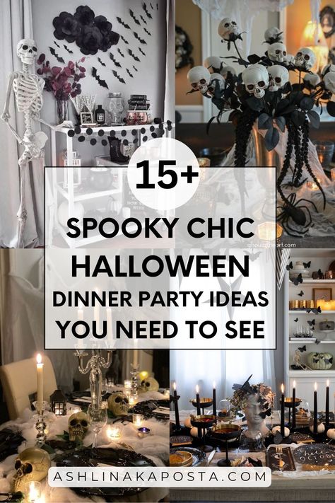 15+ Spooky Chic Unique Halloween Dinner Party Decor Ideas (that Your Guests Will Die For) — ASHLINA KAPOSTA Spooky Dinner Party Ideas, Black And Gold Halloween Party, Halloween Dinner Party Table Decor, Spooky Dinner Party Decor, Witch Theme Dinner Party, Fancy Halloween Dinner Party, Formal Halloween Dinner Party, Halloween Theme Brunch, Halloween Dinner Table Decor Dining Room