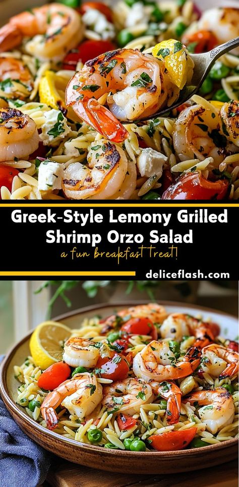 This Greek-Style Grilled Shrimp Orzo Salad is bursting with fresh Mediterranean flavors. Juicy grilled shrimp, lemony orzo, fresh vegetables, herbs, and tangy feta make it a bright and refreshing dish perfect for any meal Pasta Salad With Orzo, Greek Shrimp Bowl, Healthy Orzo Recipes Clean Eating, Mediterranean Shrimp Salad, Orzo Shrimp Recipes, Shrimp Mediterranean Recipes, Mediterranean Grilled Shrimp, Orzo And Shrimp, Shrimp Orzo Salad