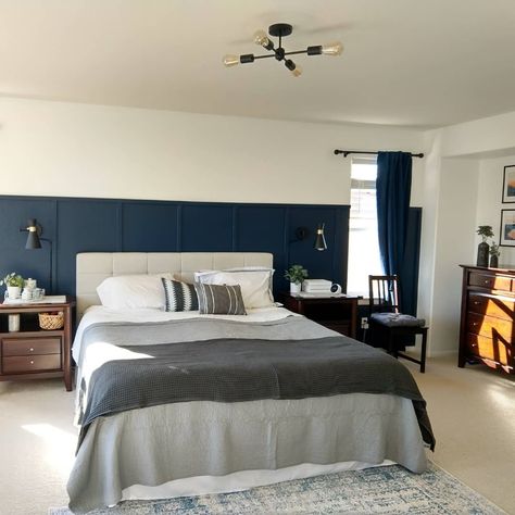 Blue wall, bedroom makeover Navy And Stone Bedroom, Blue Paneling Bedroom, Blue Wainscoting Bedroom, Half Blue Wall Bedroom, Blue Panel Wall Bedroom, Navy Blue Wainscoting Bedroom, Navy Blue Wall Paneling Bedroom, Blue And White Panelling Bedroom, Blue Panelled Bedroom