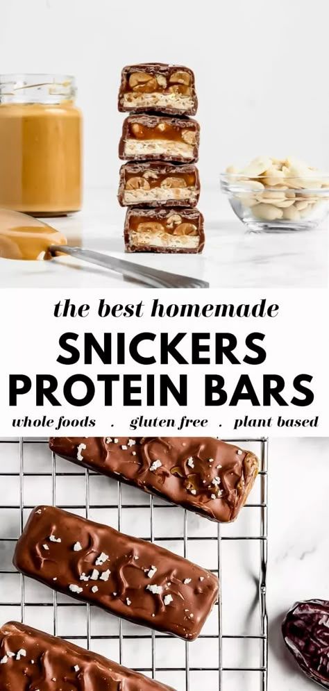 Try this recipe for a healthy homemade vegan protein packed snickers bar. These raw bars are so incredibly delicious and easy, and make a great healthy treat or snack (or post-workout option!). Protein Twix Bars, Protein Snickers Bar, Protein Bars Recipes, Home Made Protein Bars, Snickers Protein Bar, Protein Snickers, Healthy Snickers, Snickers Protein, Healthy Protein Bars