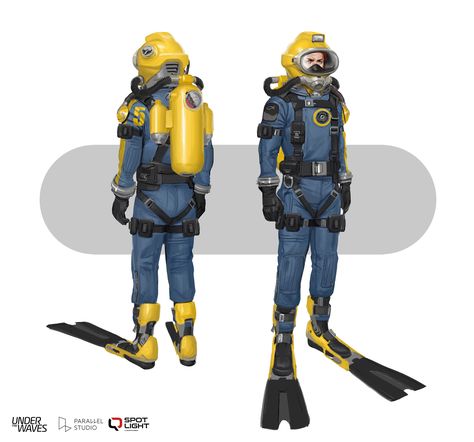 ArtStation - Under the waves - Diving suit concepts Deep Sea Diving Suit, Deep Sea Diver Art, D20 Modern, Diver Art, Adventure Quest, Deep Sea Diver, Concept Art Character Design, Deep Sea Diving, Diving Suit