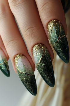 Nature Themed Nail Art, Elven Inspired Nails, Once Upon A Time Nails Ideas, Dark Green Nail Art Designs, Elven Nails Designs, Green Nails Charms, Forest Green Gold Nails, Mystical Nails Green, Dark Green Wedding Nails