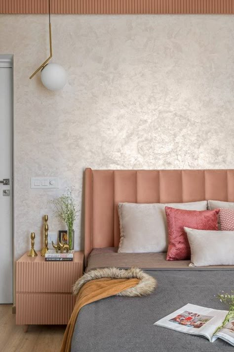 Clean-Lined Contemporary and Soulful Living Space for this Residence in Gurgaon | Storey Tellers Design Studio - The Architects Diary Peach Bedroom, The Architects Diary, Bedroom Decor Design, Bed Back, Bedroom Bed Design, Wall Texture, Bedroom Designs, Natural Elements, Bedroom Bed