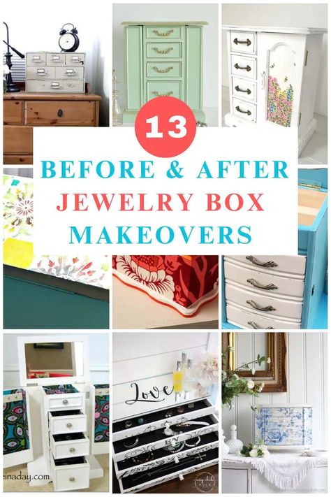 Decorated Jewelry Boxes Diy, Refinish Jewelry Box How To, Painted Jewelry Boxes Ideas, Upcycled Jewelry Box Diy Ideas, Altered Jewelry Boxes, Jewelry Box Redo Diy, Jewelry Box Makeover Diy Ideas, Refinished Jewelry Boxes, Diy Painted Jewelry Box Ideas