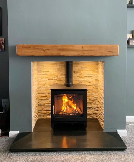 Sleeper Mantlepiece, Fireplace Oak Beam, Log Burner Oak Beam, Small Woodburner Fireplace, Log Burner Fireplace Ideas Modern, Wooden Beam Fireplace, Black Hearth Fireplace, Chunky Fireplace Mantle, Oak Mantle Fireplace