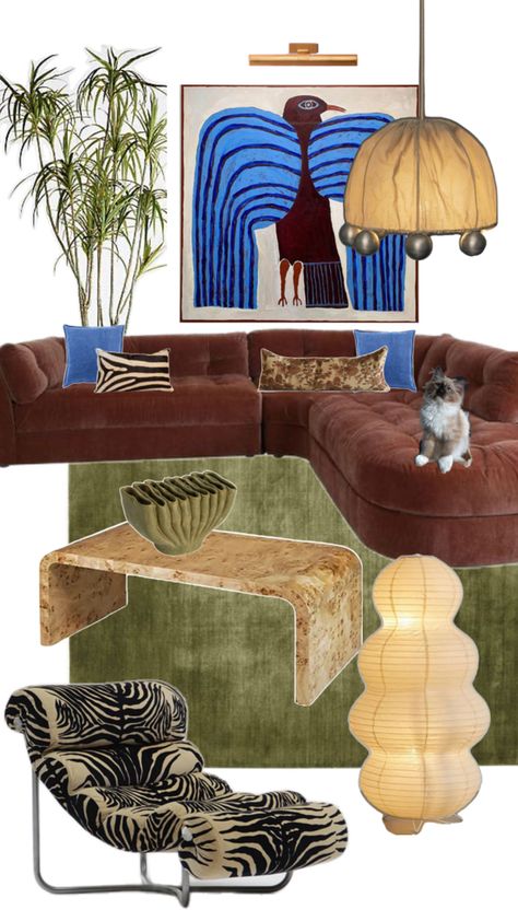 Mixing Fabric Patterns Interior Design, Unique Modern Living Room, Cool Toned Interior, Zebra Print Interior Design, Banana Republic Home Decor, Funky Midcentury Modern, Africa Style Interior, Afro Modern Interior, Modern Artsy Interior Design