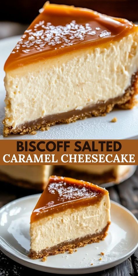 This Biscoff Salted Caramel Cheesecake is a decadent fusion dessert that combines the beloved flavors of speculoos cookies and salted caramel in a rich, creamy cheesecake.  Perfect for special occasions or as an impressive dinner party finale. Desserts Made With Vodka, Best Salted Caramel Cheesecake, Best Creamy Cheesecake Recipe, Cheesecake Recipes Salted Caramel, Sea Salt Caramel Cheesecake, Butter Tart Cheesecake, Different Flavor Cheesecake, Creamy Caramel Cheesecake, Caramel Biscoff Cheesecake