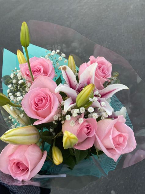 roses and lilies Lily Bouquet, Pink Roses, Floral Wreath, Roses, Lily, Flowers, Floral, Pink, Quick Saves