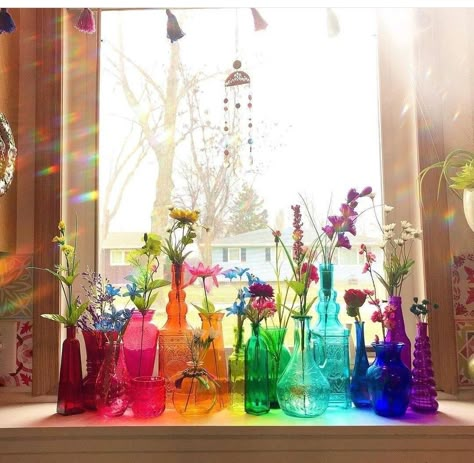 Colored Glass Decor, Rainbow Glassware, Glassware Display, Rainbow Kitchen, Rainbow Bedroom, Colored Glass Vases, Colored Glass Bottles, Soda Ash, Vase Display