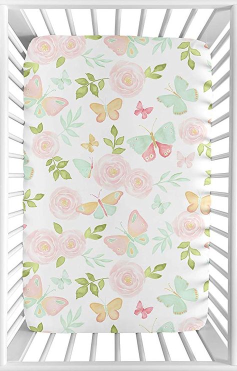 Amazon.com : Sweet Jojo Designs Blush Pink, Mint and White Watercolor Rose Baby Girl Fitted Mini Portable Crib Sheet for Butterfly Floral Collection - for Mini Crib or Pack and Play ONLY : Baby Nursery Butterfly, Small Crib, Floral Crib Bedding, Butterfly Nursery, Best Crib, Baby Girls Room, Rose Butterfly, Baby Sheets, Portable Crib