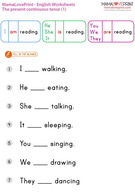 MamaLovePrint . Grade 1 English Worksheets . Basic Grammar (Present Continuous) PDF Free Download Grade 1 English Worksheets, Present Continuous Worksheet, First Grade Reading Comprehension, Worksheets For Class 1, Present Continuous Tense, English Grammar For Kids, English Worksheets For Kindergarten, Present Continuous, Grammar For Kids