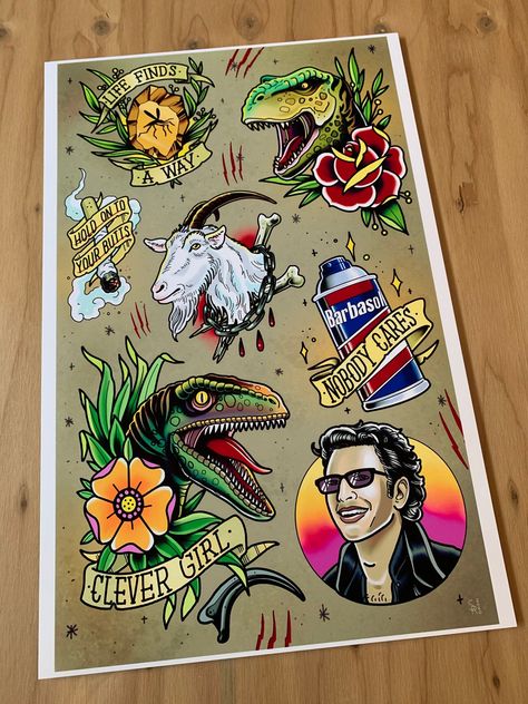 Tattoo-style flash designs inspired by the dino-epic-ness that is Jurassic Park. This is an 11 x 17 inch high-quality archival print on luster paper (gives a soft sheen). Created by your friendly neighborhood nerdy tattoo artist, Sam Rusk. Want a custom Flash Sheet of you or your favorite people? Jurassic Park Tattoo Traditional, Jurassic Park Leg Sleeve, Jeff Goldblum Jurassic Park Tattoo, Jurassic Park Flash Tattoo, Jurassic Park Tattoo Design, Jurassic Park Sleeve Tattoo, Small Jurassic Park Tattoos, Cool Dinosaur Tattoos, Life Finds A Way Tattoo Jurassic Park