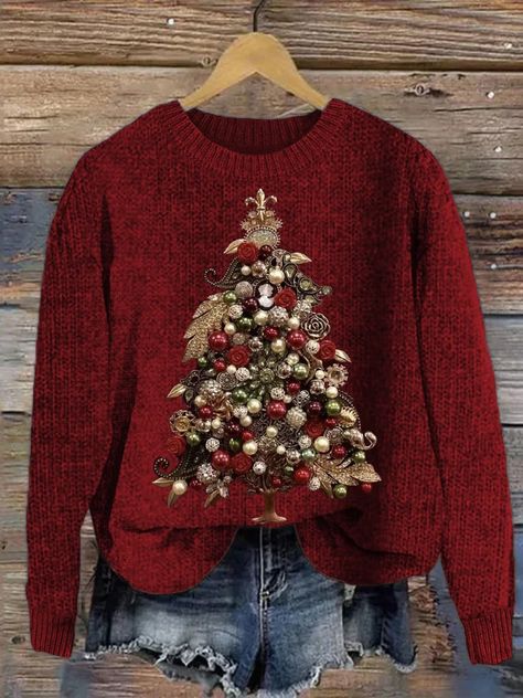 Women's Clothing Library Fashion, Winter Christmas Tree, Yarn Clothes, Jewel Art, Christmas Tree Sweater, Knitting Sweaters, Tree Sweater, Elegant Christmas Trees, Cozy Knit Sweater