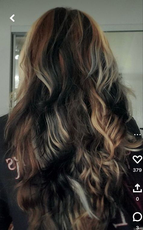 Calico Hair Balayage, Hairdye Inspo Long Hair, Brunette Hair Ideas Colour, Muted Calico Hair, Long Calico Hair, Half Bottom Hair Dyed, Subtle Calico Hair Brown, Racoon Tail Hair Curly, Chunky Calico Hair